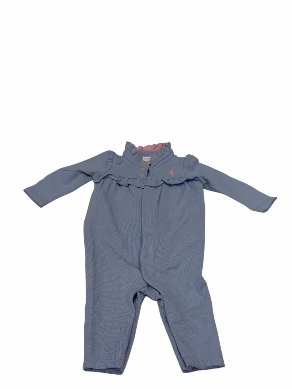 Ralph Lauren Baby Girl One Piece Blue Ruffle Embroided Logo Size 6 Month